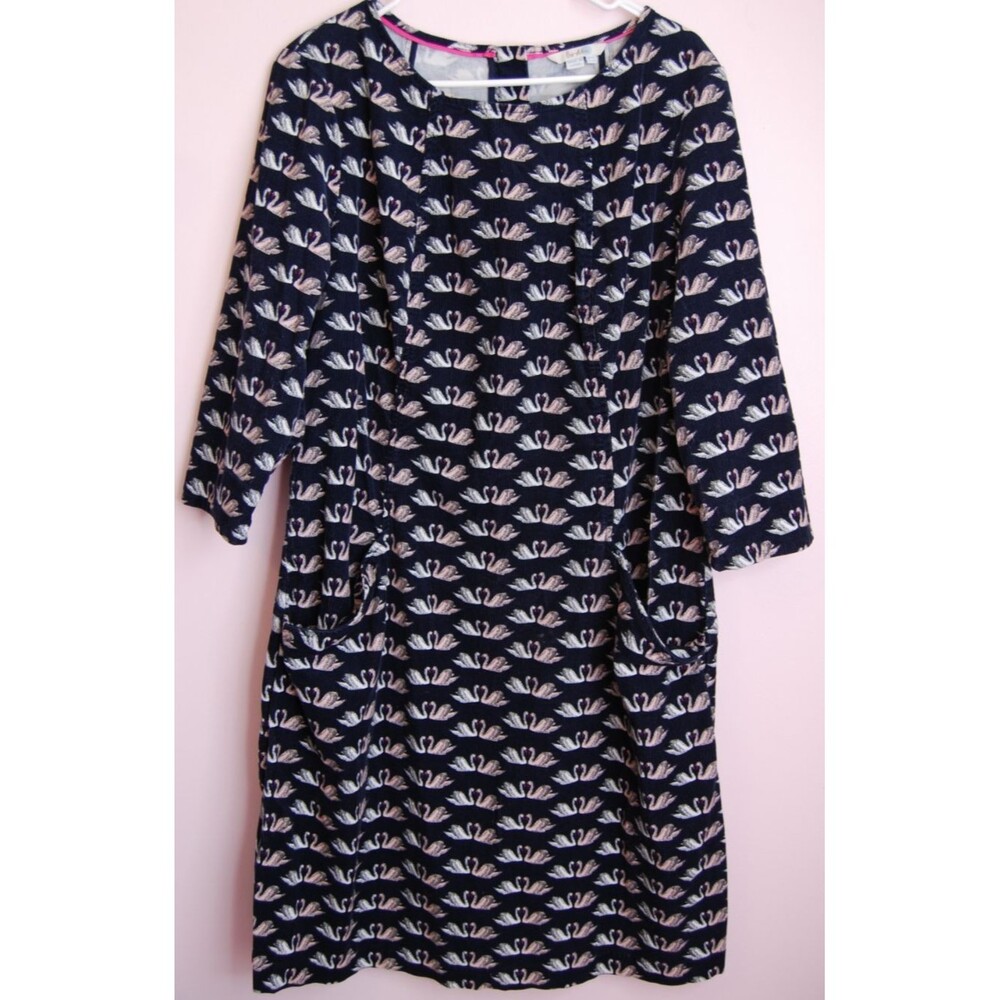 Boden Amber Dress 14L Blue Pink Swan Print Corduroy Pockets 3/4 Sleeve